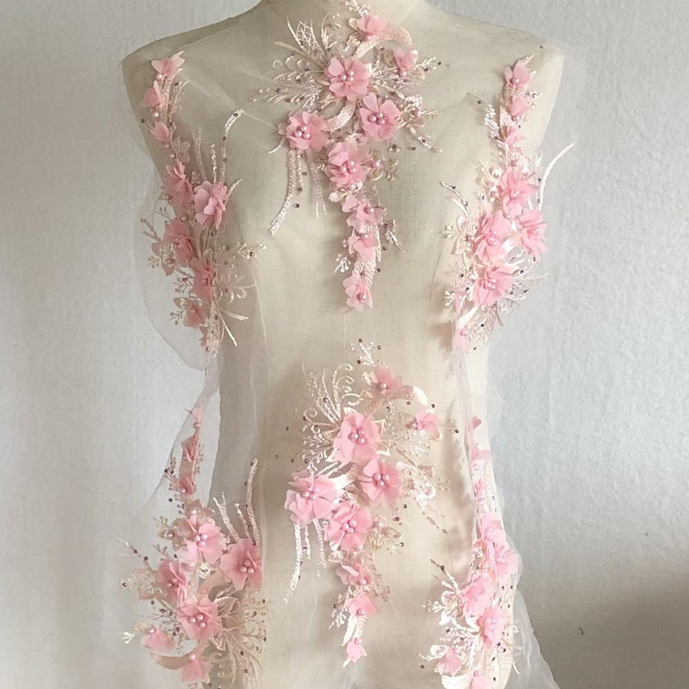 1 Stück Rosa Blau 3D Blume Perlen Stickerei Aufnäher Netzstoff Applikation Nähen Hochzeitskleid Kleidung Reparatur Dekoration