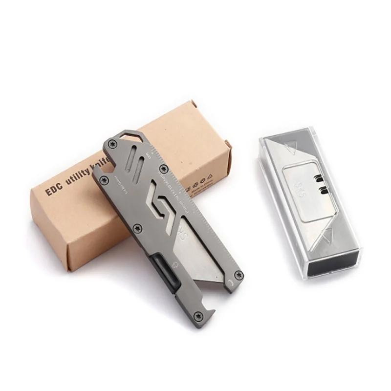 Stainless Steel EDC Folding Utility Knife, Multifunctional Paper Cutter, Manual Knife, Bottle Opener, Key for Camping, Hiking