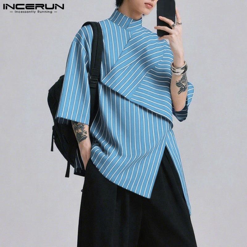 INCERUN Men Stand Neck Half Sleeve Irregular Front Cross Striped Casual Shirts Tops