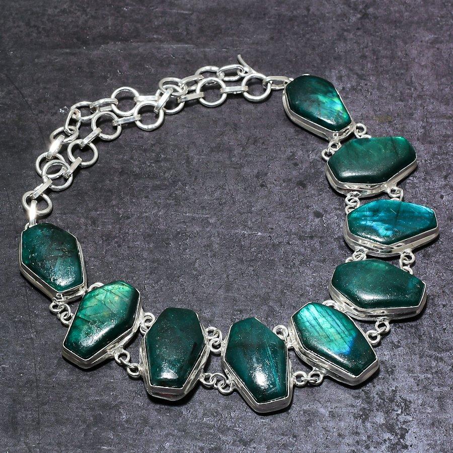 Green Labradorite Gemstone Handmade 925 Sterling Silver Necklace 18" H0i66