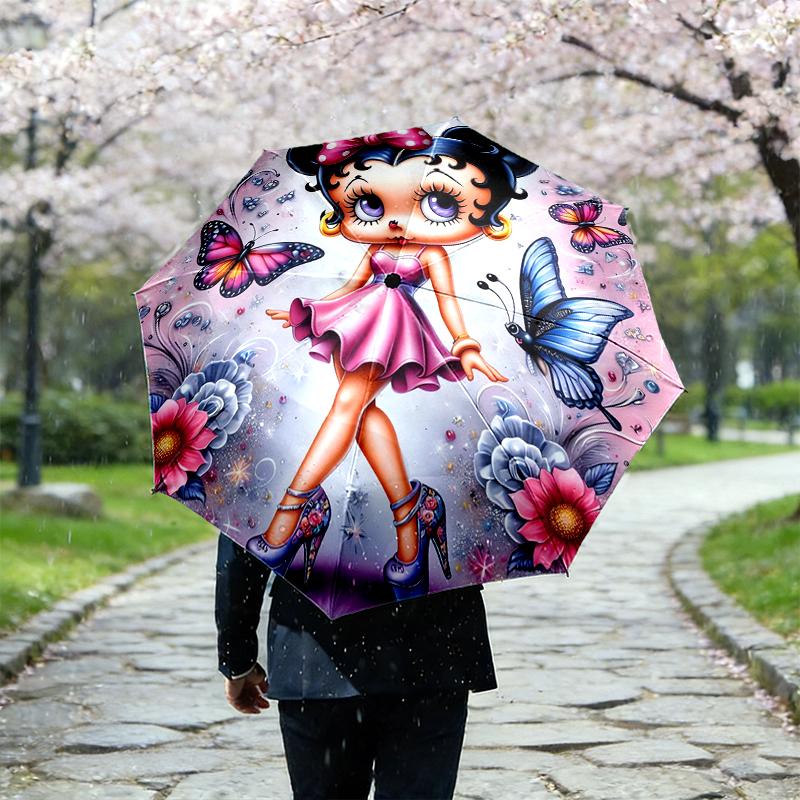 1pc Sturdy 8-Bone Auto Umbrella, Betty Boop Umbrella, Digital Printed, Foldable Umbrella for On-the-Go Outdoor Use