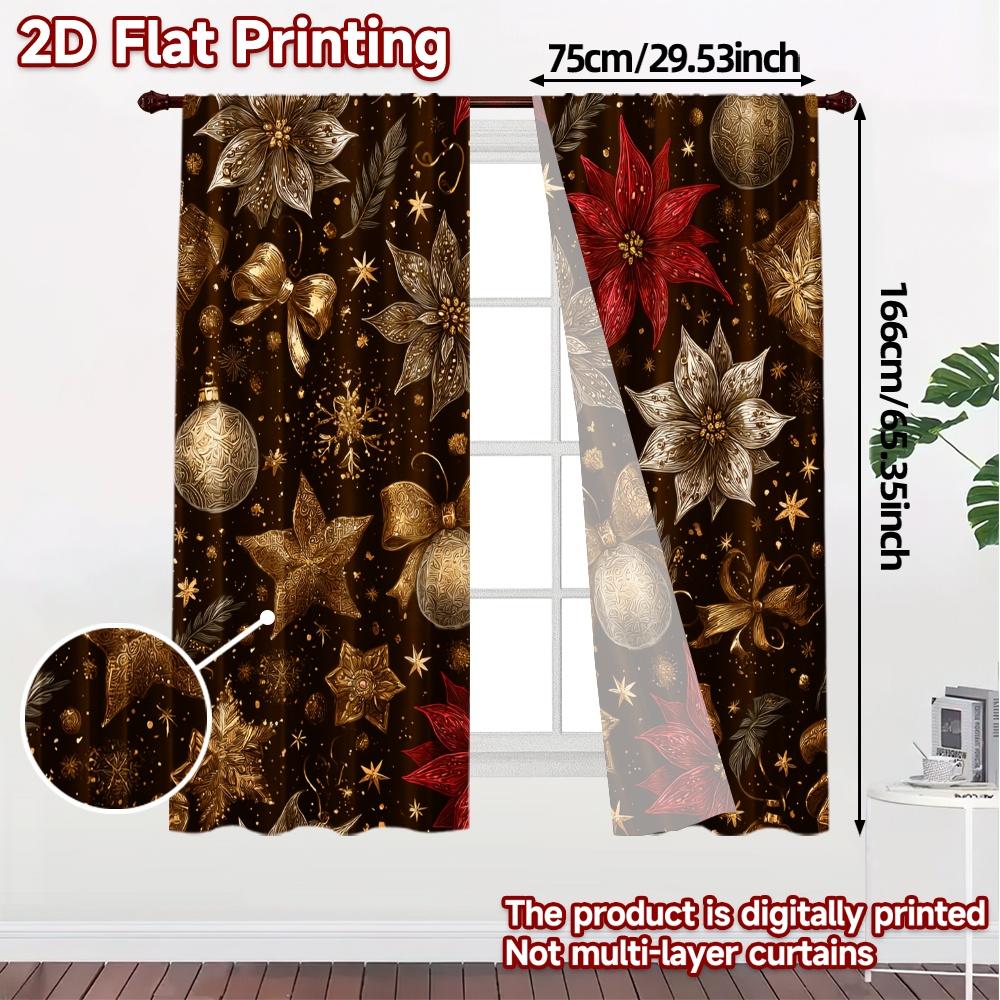 Modern Flat Printing Jit Curtains Without Rod Golden Noel Tree Fabric Holiday Set Of 2 Made Polyester Machine Washable