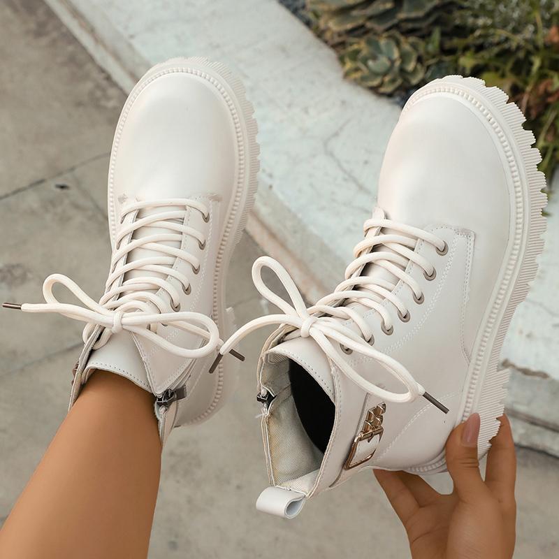 Fashion Buckel Thick Sole Ankle Boots Women Lace Up Punk Motorcycle Boots Woman Pu Leather Thicken Plush Short Booties Mujer