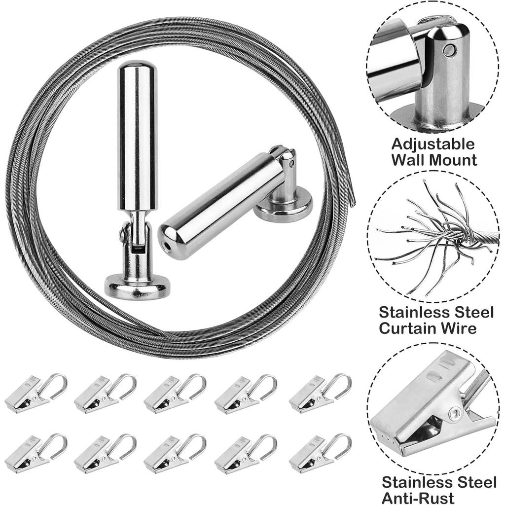 Wall Mount Art Projects Display Curtain Rod Set (5 Meters) with 20 Clips - Stainless Steel Photo Hanging Clothesline Window Curtain Tension