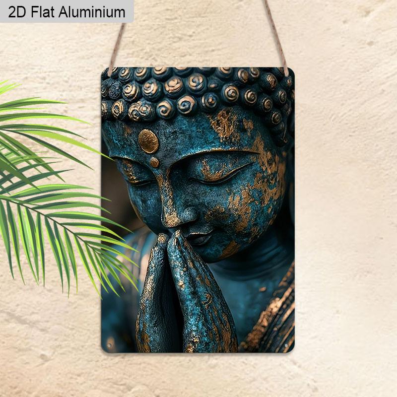 2D Flat, 1pc Vintage Buddha Aluminium Wall Art Sign "Teal Praying Buddha" - 8"x12" Rustic Zen & Spiritual Home Decor, Perfect Gift for Yoga