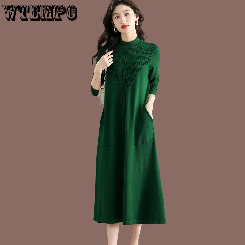 Jednobarevné pletené šaty pro ženy na podzim a zimu Svetrové šaty ke kolenům Volný svetr střední délky