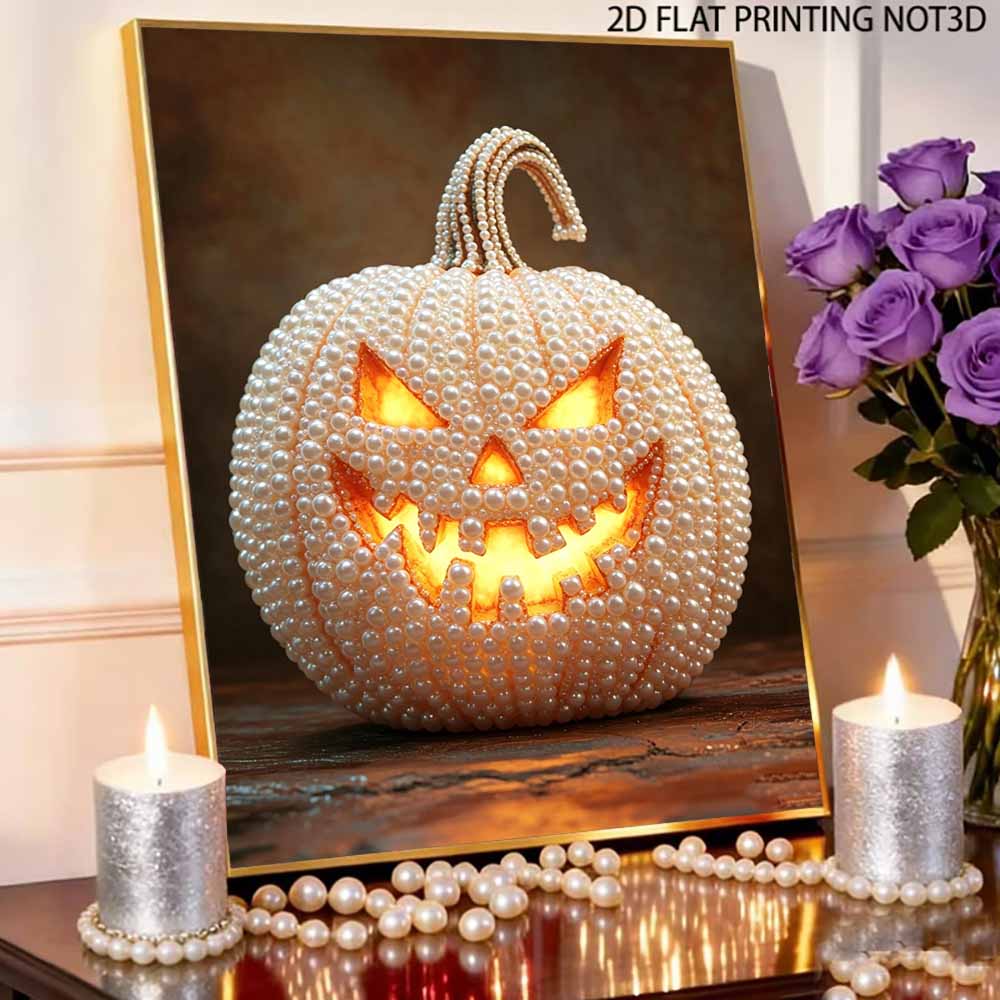 DIY Pearl Painting Canvas Halloween Jackolantern Frameless 3D Bead Art Relaxing Craft for Living Room Decor