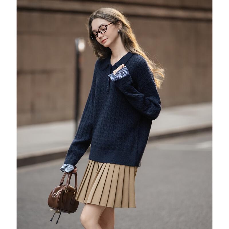 TonLion Women's Faux Two-Piece Polo Neck Cable Knit Sweater