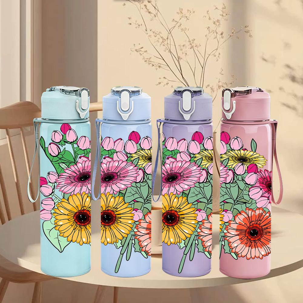 1PC Daisy Sunflower Mixed Floral 750ml Color Plastic Sports Water Bottle Leakproof Flip Straw Lid Suitable for Sports Office Home Use