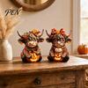 Highland Cow Figurines 2PCS Ornament, Wooden Rustic Style Figurine, Thanksgiving Polished Wood Art Theme Art, for Entrance Living Room Decor
