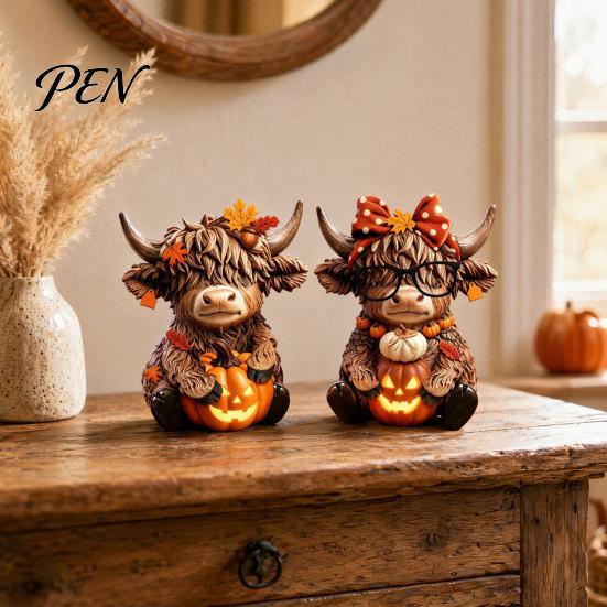Highland Cow Figurines 2PCS Ornament, Wooden Rustic Style Figurine, Thanksgiving Polished Wood Art Theme Art, for Entrance Living Room Decor