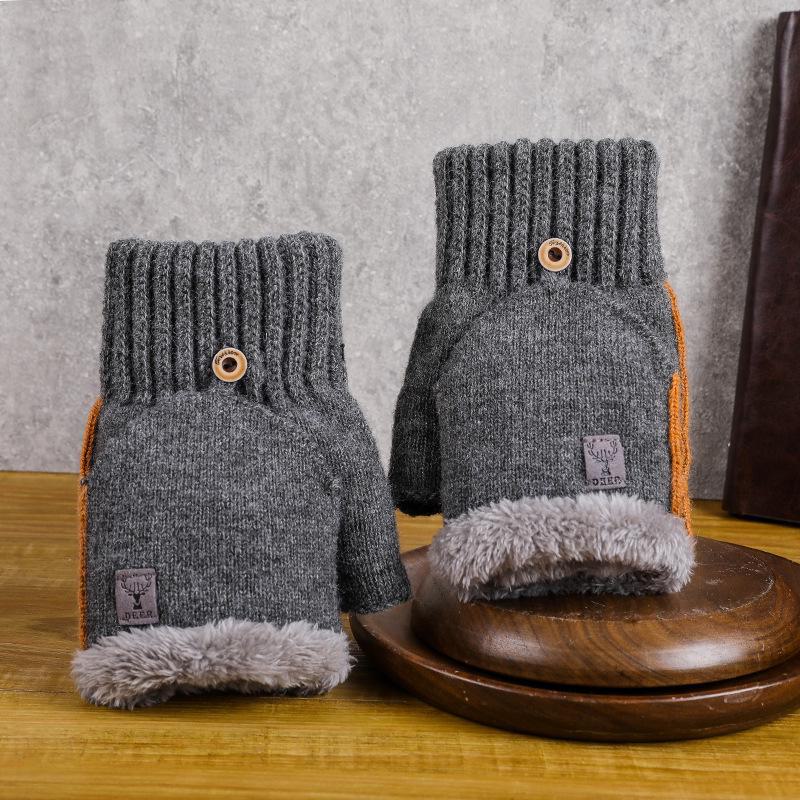 

Мужские перчатки для велоспорта с полупальцами: Шерстяной трикотаж с бархатной подкладкой для зимнего тепла и защиты от холода [Premium Deer Logo Thickening] темно-серого