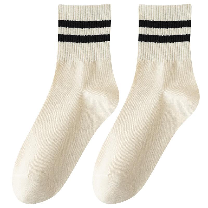 Women's Spring Mid-calf Socks, White Socks, Striped, Durable, Anti-pilling Long Socks, Casual Boneless Socks, Cotton Socks