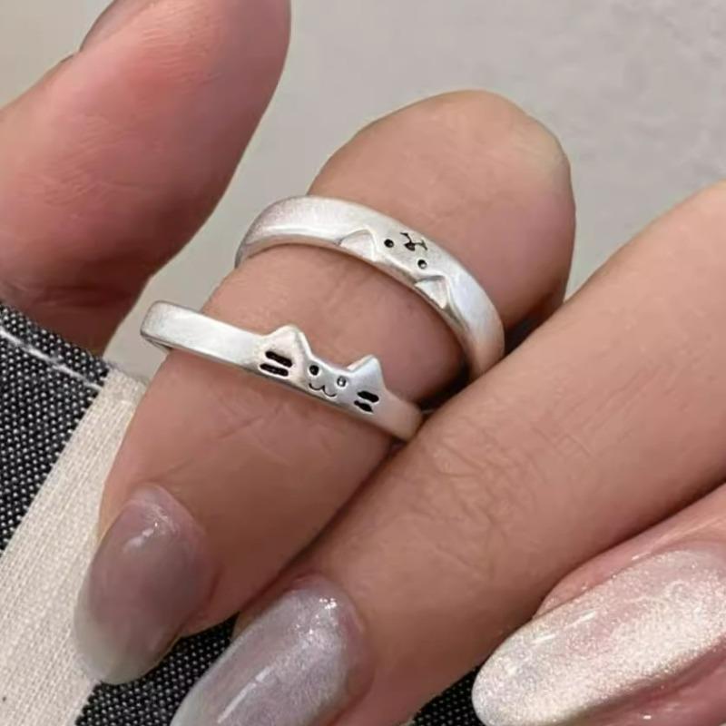 2pcs New Kawaii Cartoon Cat Dog Couple Ring for Women Men Couples Valentine's Day Lover Rings Korean  Jewelry Party Gifts