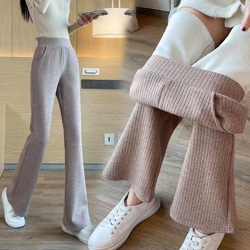 Warm Thicken Plus Velvet Flare Pants Winter Elegant Womens Pantalones Korean Fashion High Waist Slim Plush Lined Trousers 90Cm