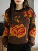 Women's Autumn Winter Rose Jacquard Sweater - Thick, Loose Knitwear with Fashion Design