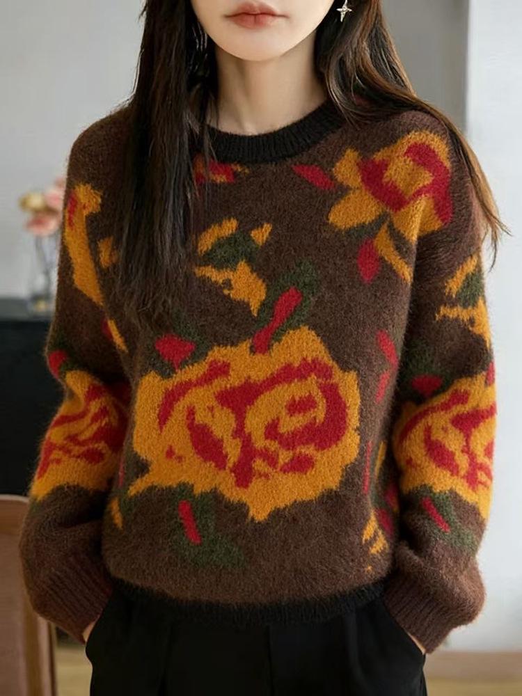 Women's Autumn Winter Rose Jacquard Sweater - Thick, Loose Knitwear with Fashion Design