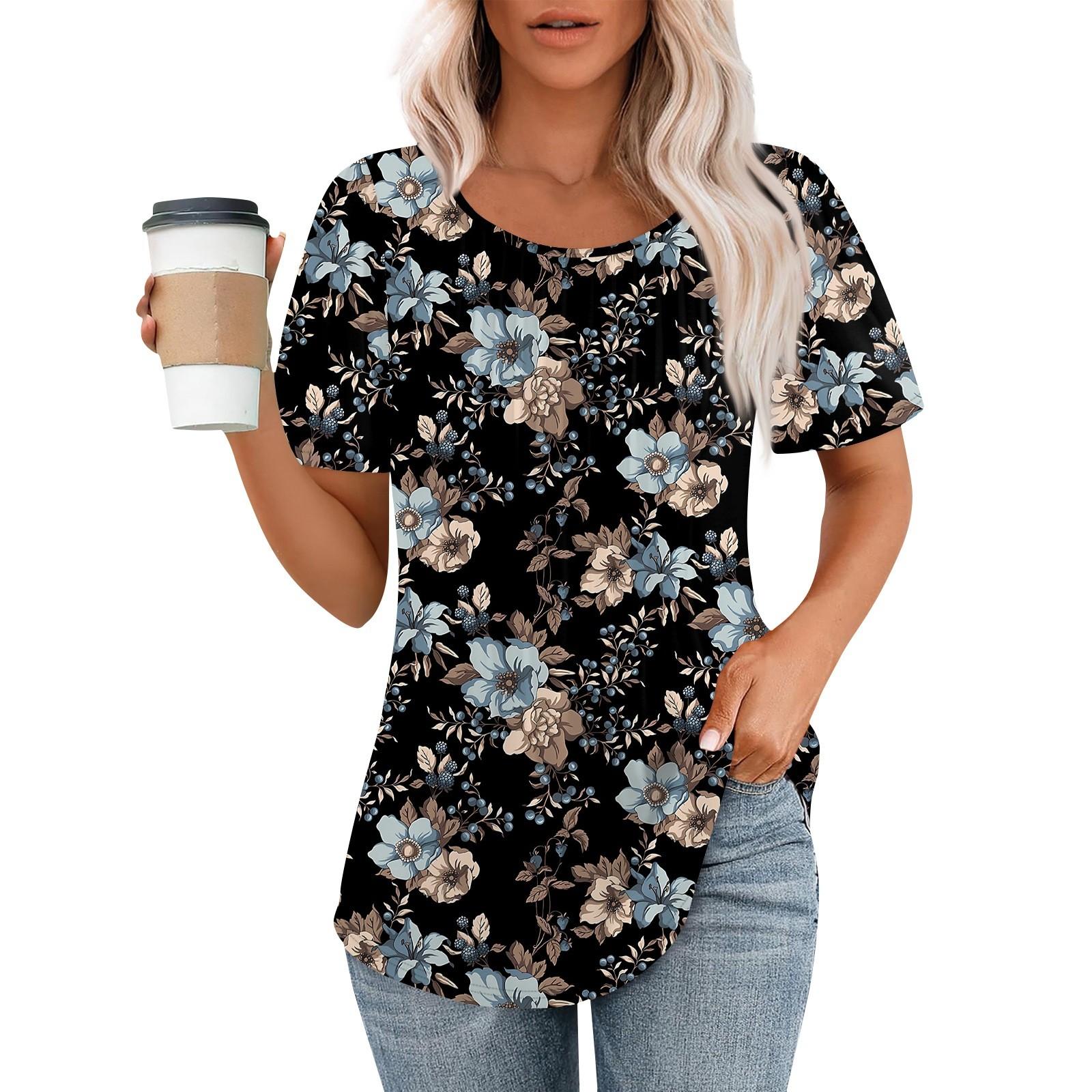 

Женская летняя модная повседневная плиссированная футболка с коротким рукавом и круглым вырезом с принтом Топ L тёмно-синий