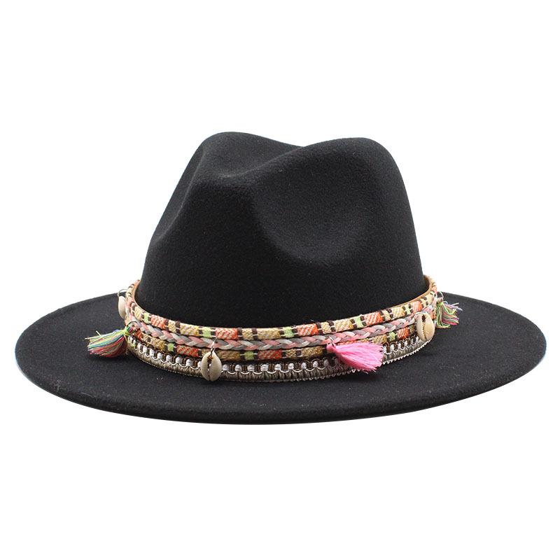 Woolen Top Hat, Fringed Minority Style Jazz Hat, Retro Flat-Brimmed Big Eaves Hat.