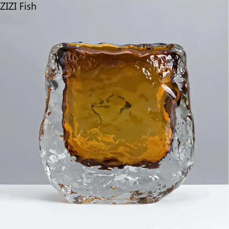 Transparent Amber Wrinkle Glass Vase Hydroponics Floral Vases Desk Decoration Artificial Flowers Decorative Flower Arrangement