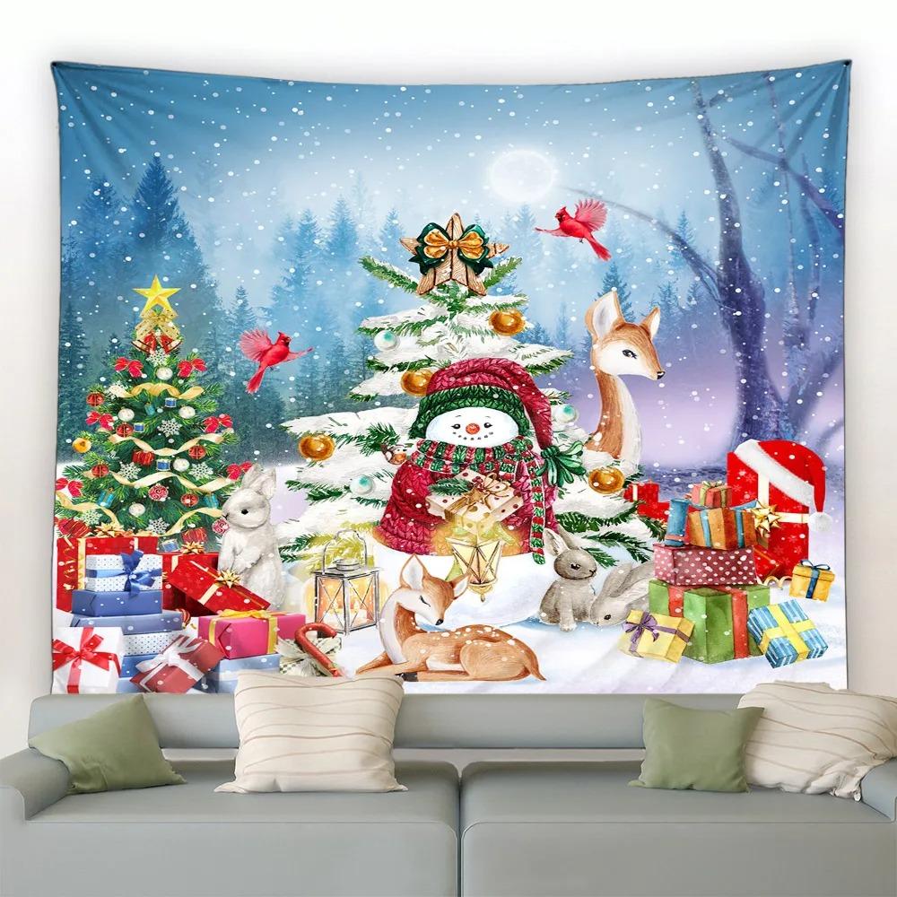 Cartoon Santa Claus Pattern Tapestry Home Bedroom Living Room Wall Decoration Christmas Theme Tapestry