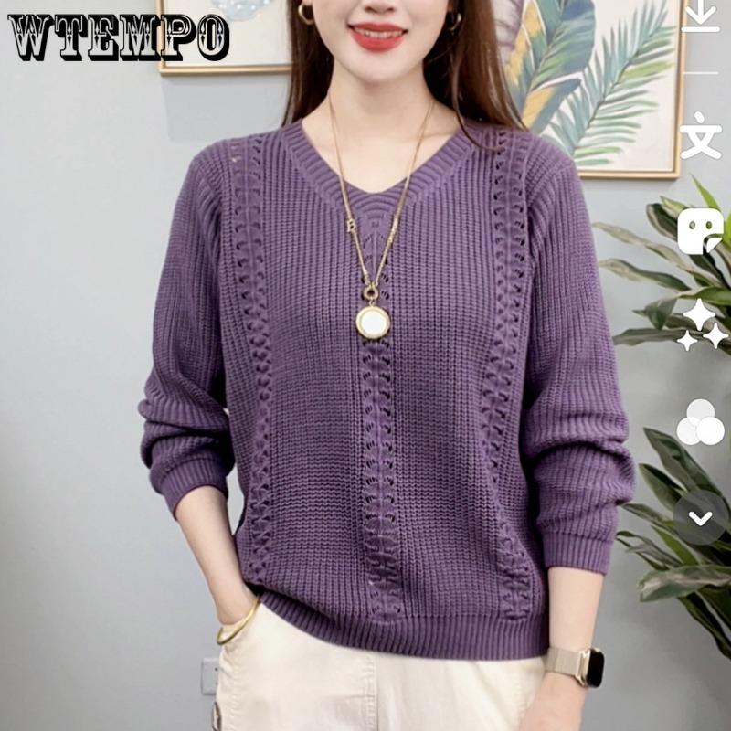 Round Neck Solid Color Knitted Sweater for Women Stylish Middle-aged Mother Slimming Top