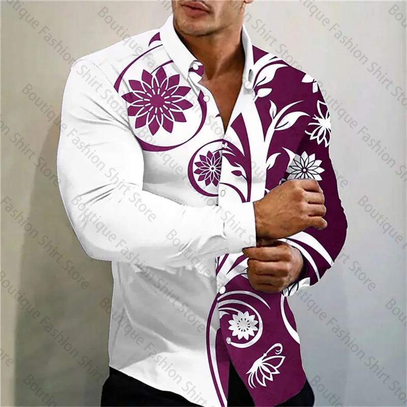 2024 New Multi-color Flower Printed Fashion Shirt, for Social Gatherings, Men's Lapel Long-sleeved Shirts Increase XS-6XL