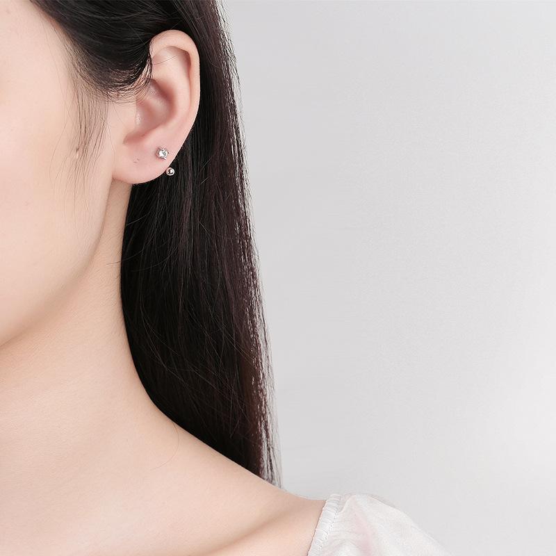 S925 Sterling Silver Zircon Screw-Back Stud Earrings - Simple C-Shaped Design for Cartilage and Round Face Slimming