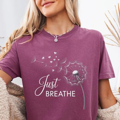 Just Breathe Comfort Colors Shirt, Schattige Motiverende Paardenbloem Sweater, Yoga Meditatie T-shirt, Mentale Gezondheid Ontspannend Inspirerend Cadeau