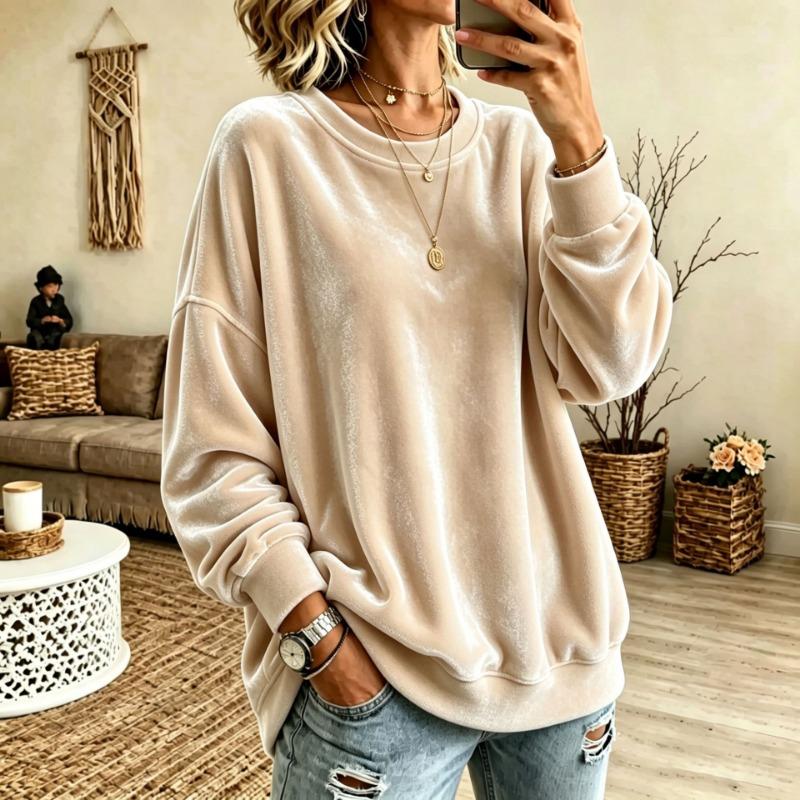 Women S Long Sleeve Solid Color Casual Crew Neck Velour Sweatshirt