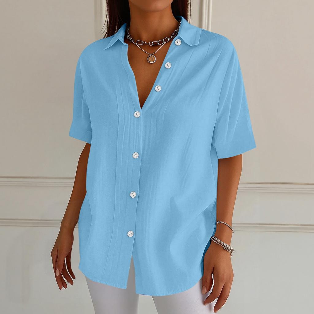 Chemise à manches courtes boutonnée et col pour femme -couleur