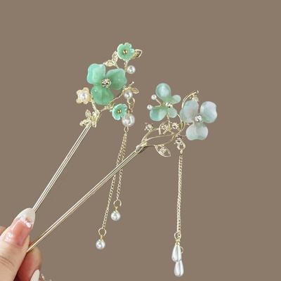 Green Flower Butterfly Hairpin Women's High-end New Chinese Hair Accessories Hairpin Antique Headgear Tassel Step Hairpin