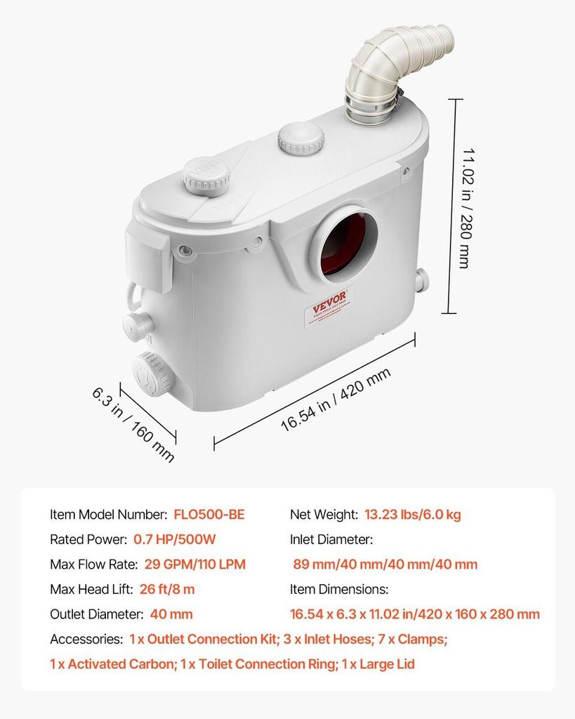 Macerator Pump 500W 29 GPM Flow 26 Ft Head Lift for Toilet Basement Sink