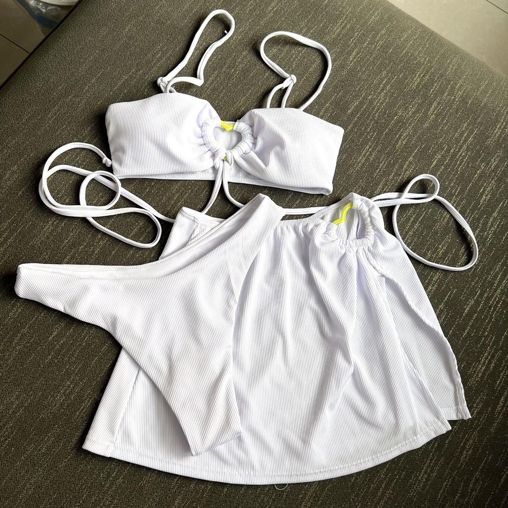Swimsuit new solid color strap love sexy three-piece skirt bikini swimsuit women
