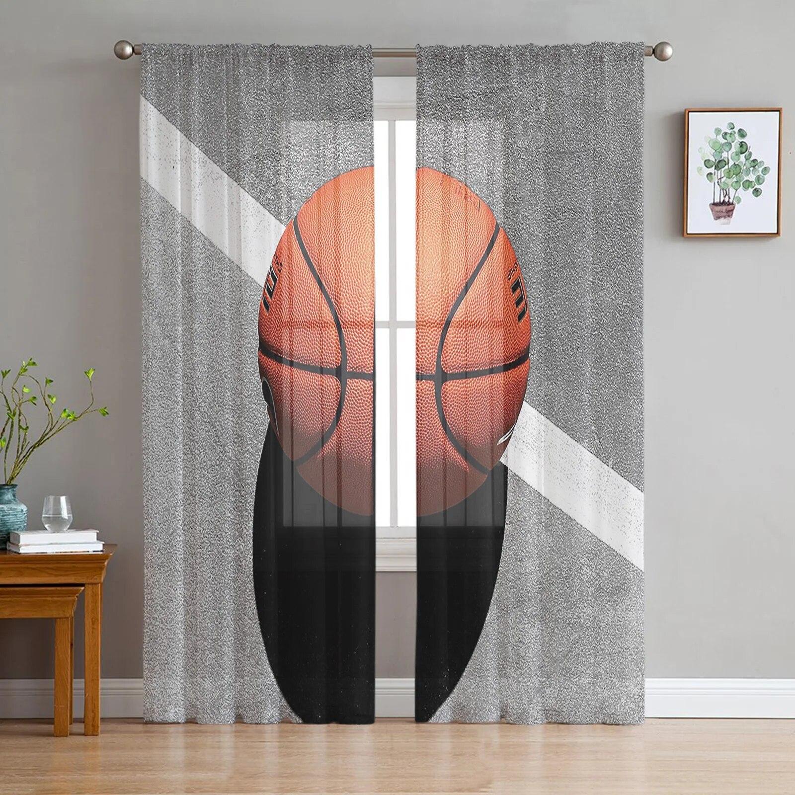 Transparente Vorhänge mit Tintenspritzer-Basketball-Sport-Motiv, Fenster-Tüllvorhänge für Wohnzimmer, Schlafzimmer, Küche, Verschleierungsvorhänge, Dekoration W135 x H114cm