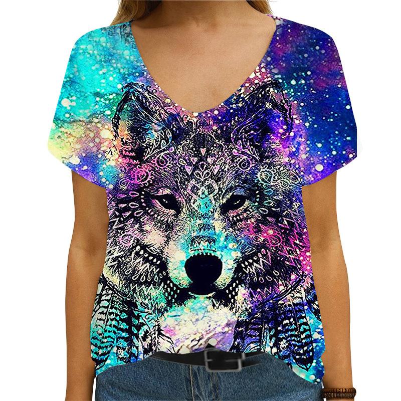 

Summer 3D Colorful Wolf Printed Women s V-neck Short Sleeved T-shirt S