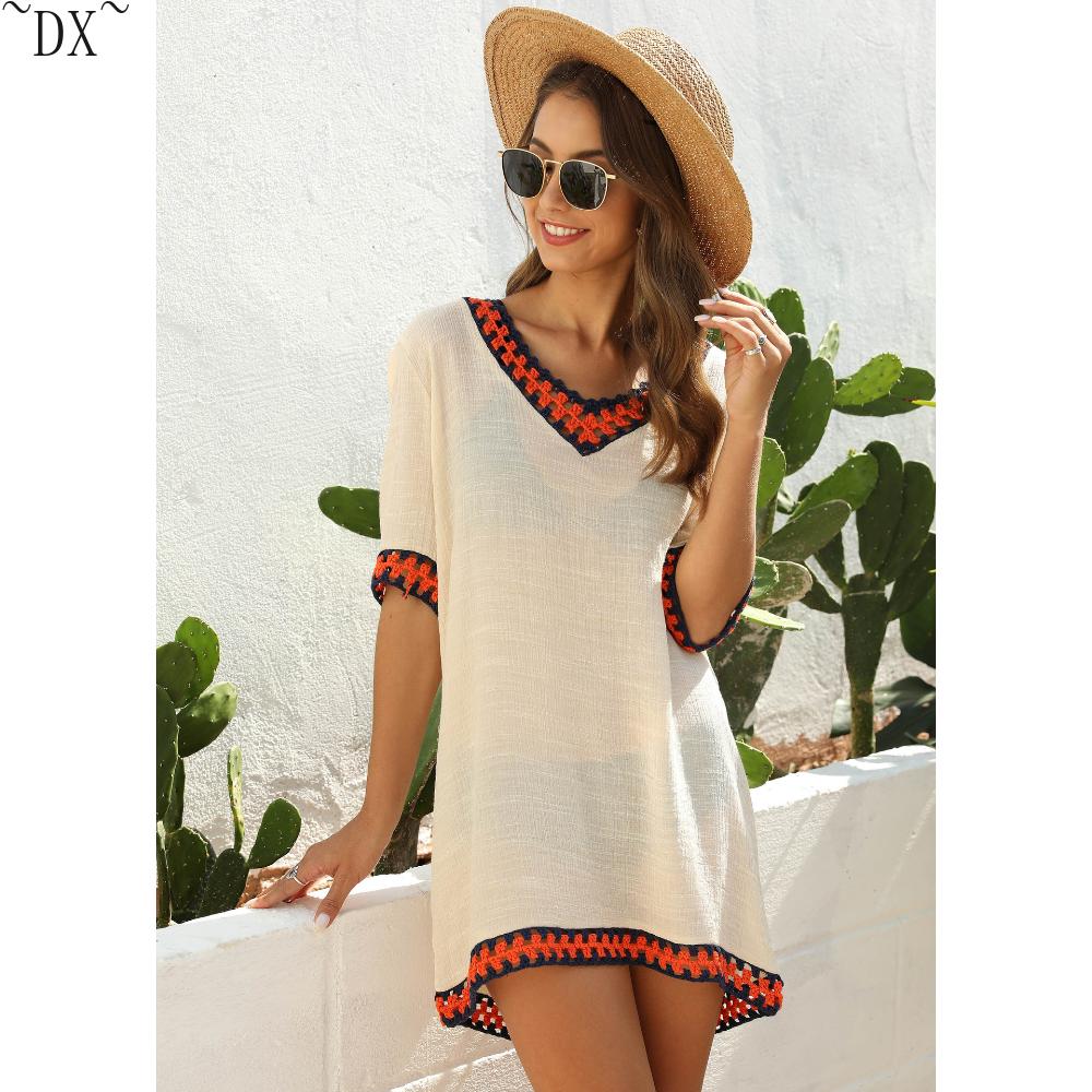 DX~Women's Sexy Hollow Out V-neck Short Sleeved Contrasting Hand Hook Patchwork Loose Beach Sun Protection Cover