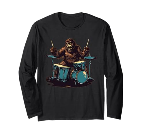 Cool Rocking Bigfoot Costume Drummer Long Sleeve T-Shirt
