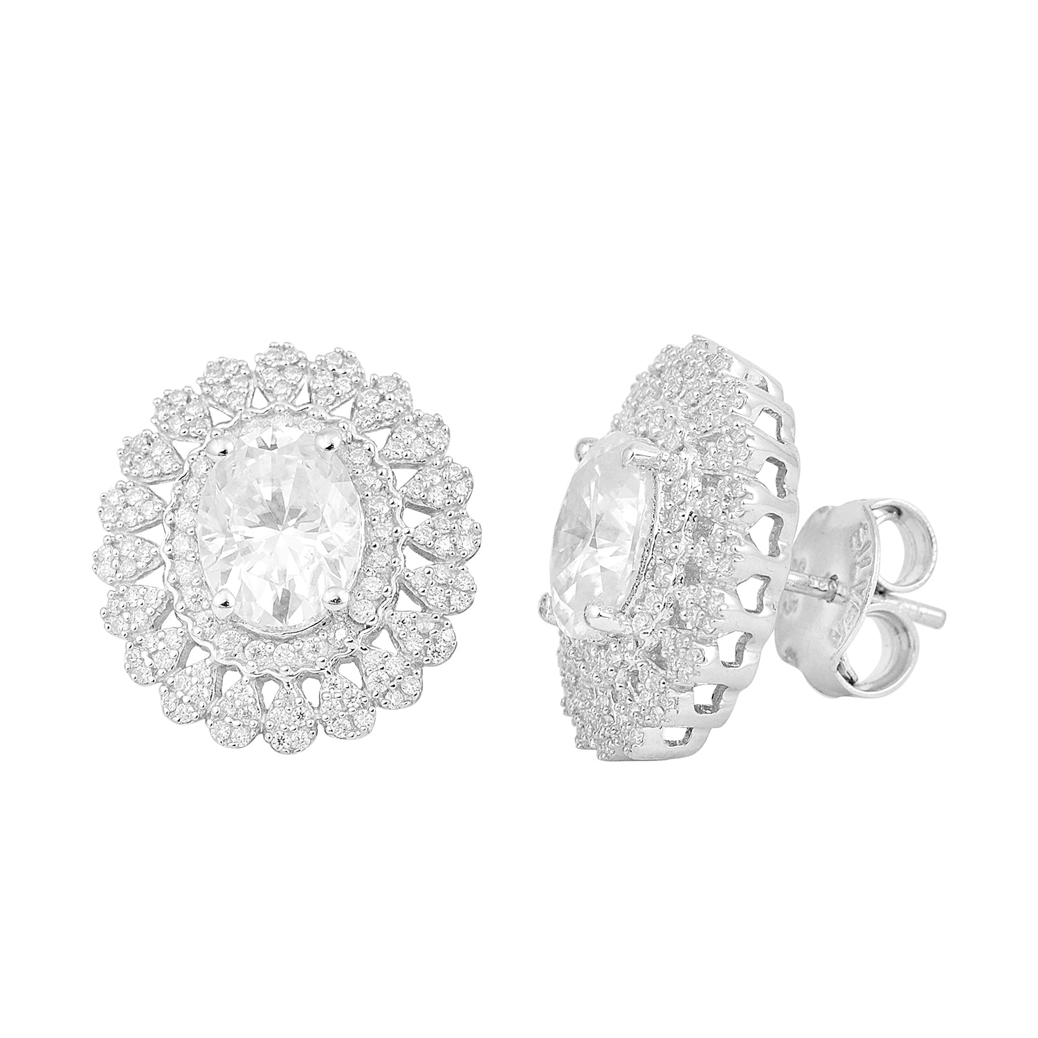 

Moissanite Double Halo Designer Stud Earrings - Sterling Silver білий