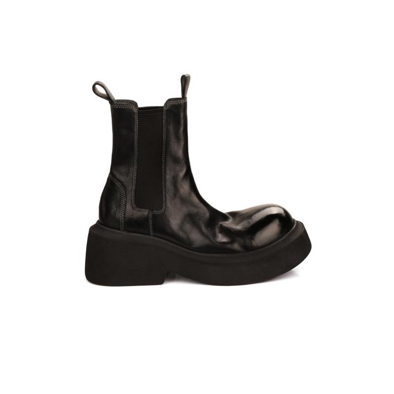 Cowhide version~ New platform-soled Chelsea short boots women's round head elastic band thick heel medium tube Martin boots