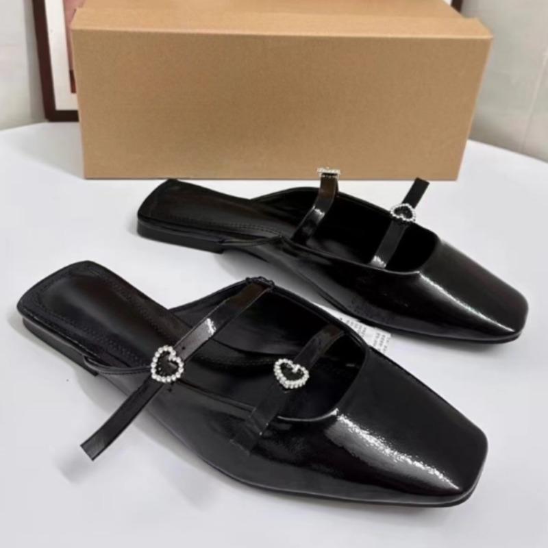 Patent Leather Black Women Flats  Spring Diamond Buckle Strap Big Size Retro Square Toe Luxury  Ladies Mules Shoes