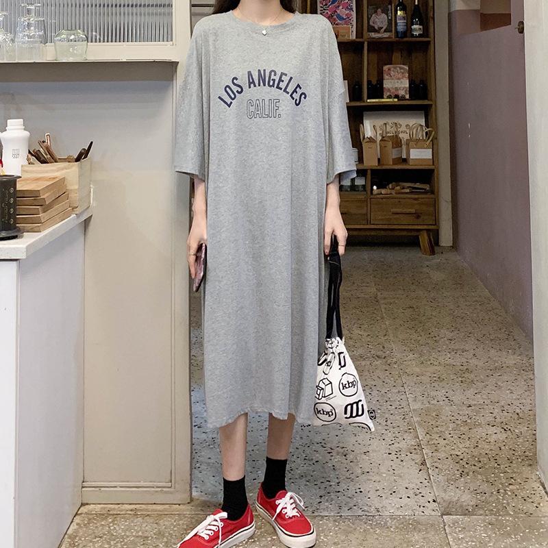 Women's Korean Style Cotton Short-Sleeve Loose Casual Plus Size Long Dress for Summer Maternity and Nightwear