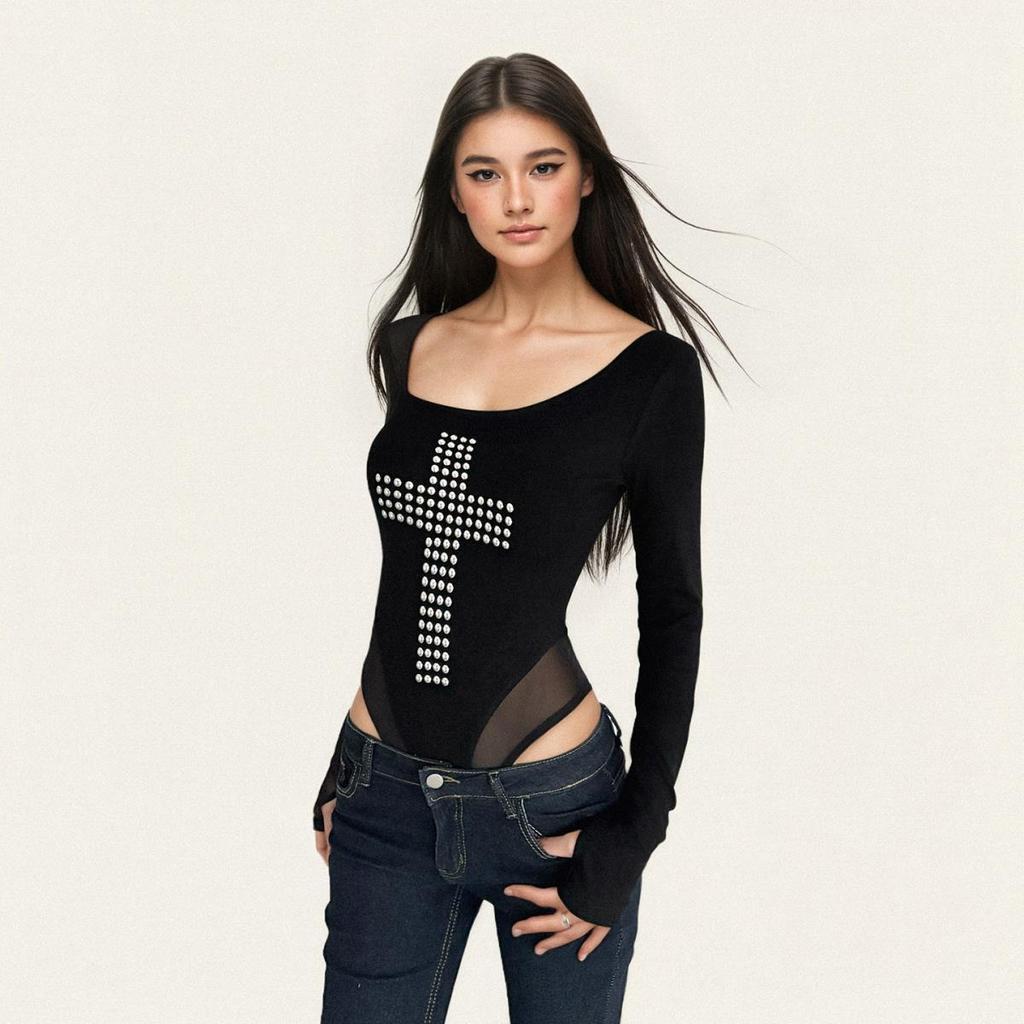 Chic Mesh Long Sleeve Bodysuit - Sexy American Style with Drilled Details for Women