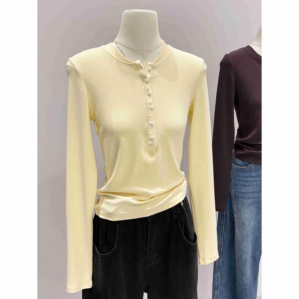 Women's Slim Fit Long Sleeve Henley Collar Mousse Cashmere Top for Spring/Autumn