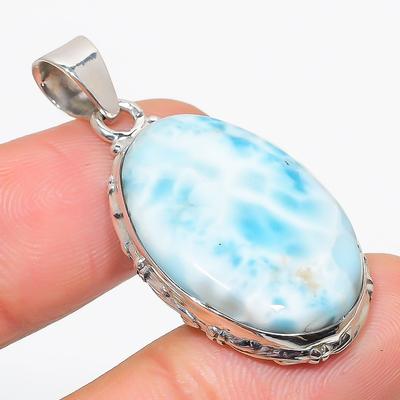 Natural Republic Larimar Edelstein 925 Massiv Sterlingsilber Anhänger 1,75" y1G34