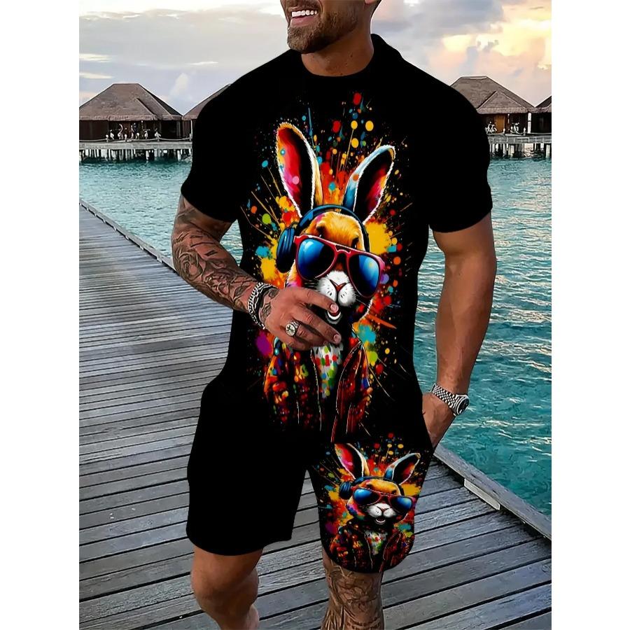 Hot-selling Men's Summer Casual Sports 3D Printed Set, Cool Headphones, Rabbit T-shirt and Shorts 2-piece Set, Men's Fashionable