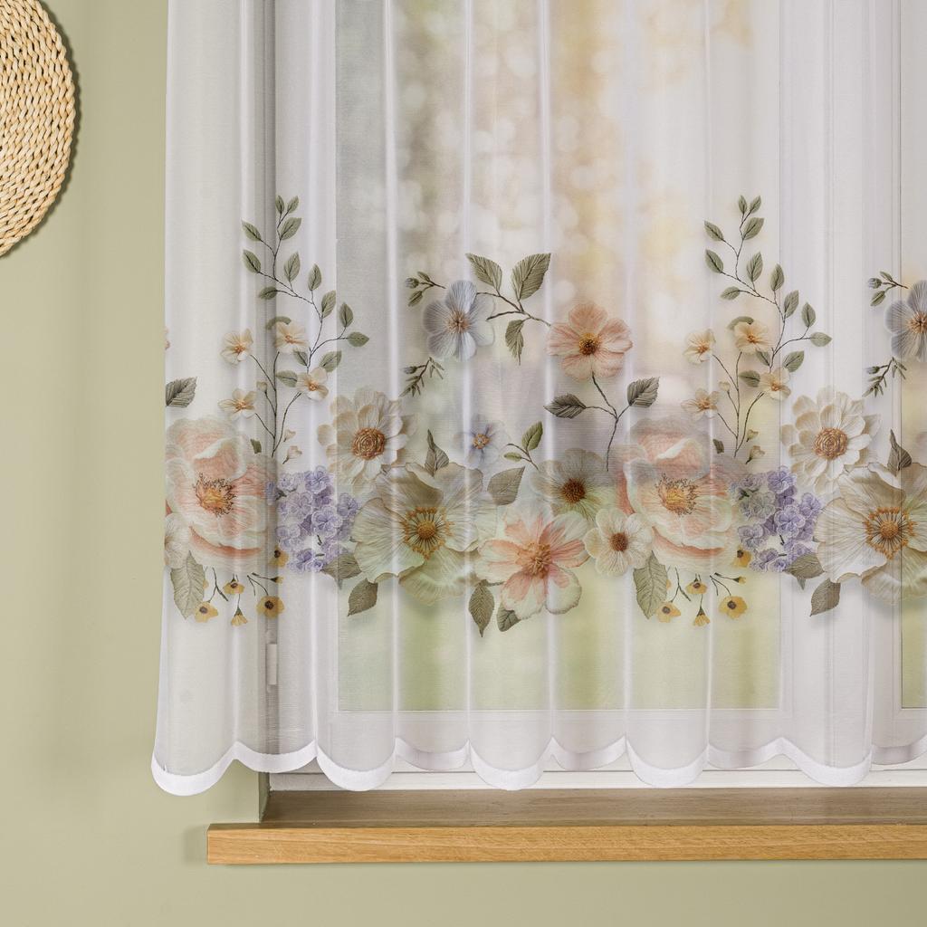 Flowers With Embroidery Effect Ready-Made Jacquard White Curtain With Flowers 250X160 Cm