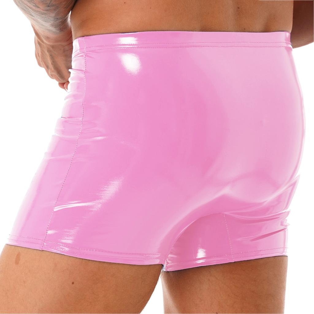 Mens Patent Leather Boxer Briefs Wet Look Shorts Elastic Waistband Bulge Pouch Design Clubwear