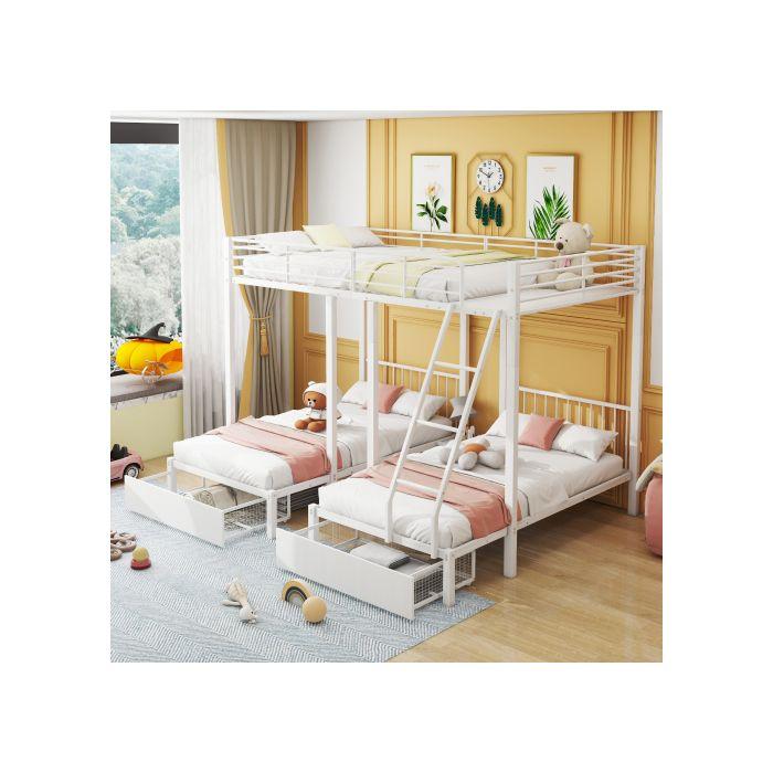 Dreifaches Etagenbett - MUVOE - Umwandelbar 140x200 und 90x200 - Mit Schubladen - Weißes Metall - 3 Schlafplätze