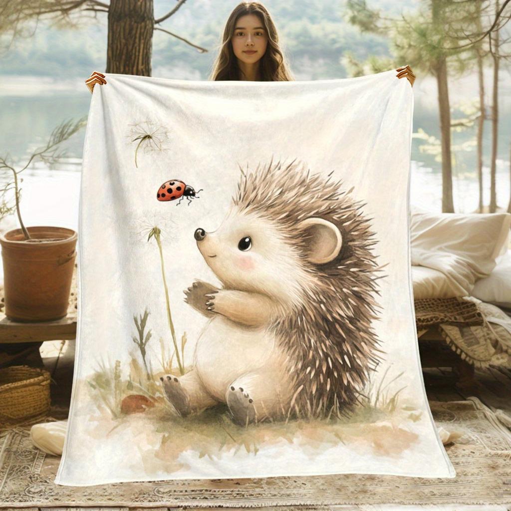Hedgehog Mushroom Throw Blanket, Cute Animal Print Blanket for Sofa Bed Travel Camping Home Decor